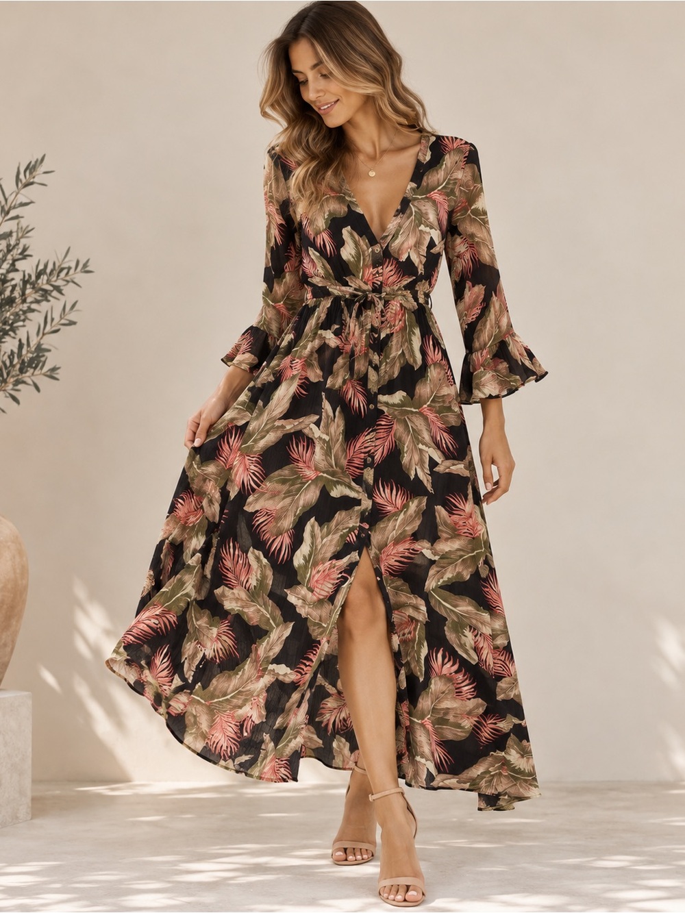 Billabong Black Maxi Dress with Olive and Pink Botanical Print size M - Picture 3 of 9